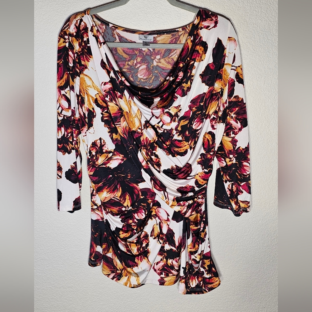 Worthington Ruched Floral Stretch 3/4 sleeve top w/ Cowl Neckline Blouse